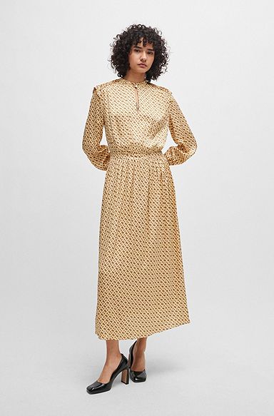Silk-blend dress with monogram print, Beige Patterned