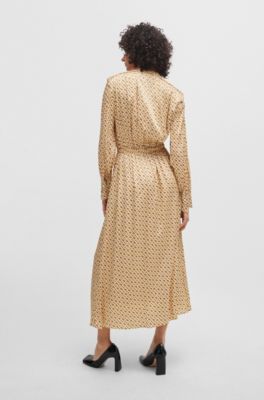 Silk-blend dress with monogram print, Beige Patterned