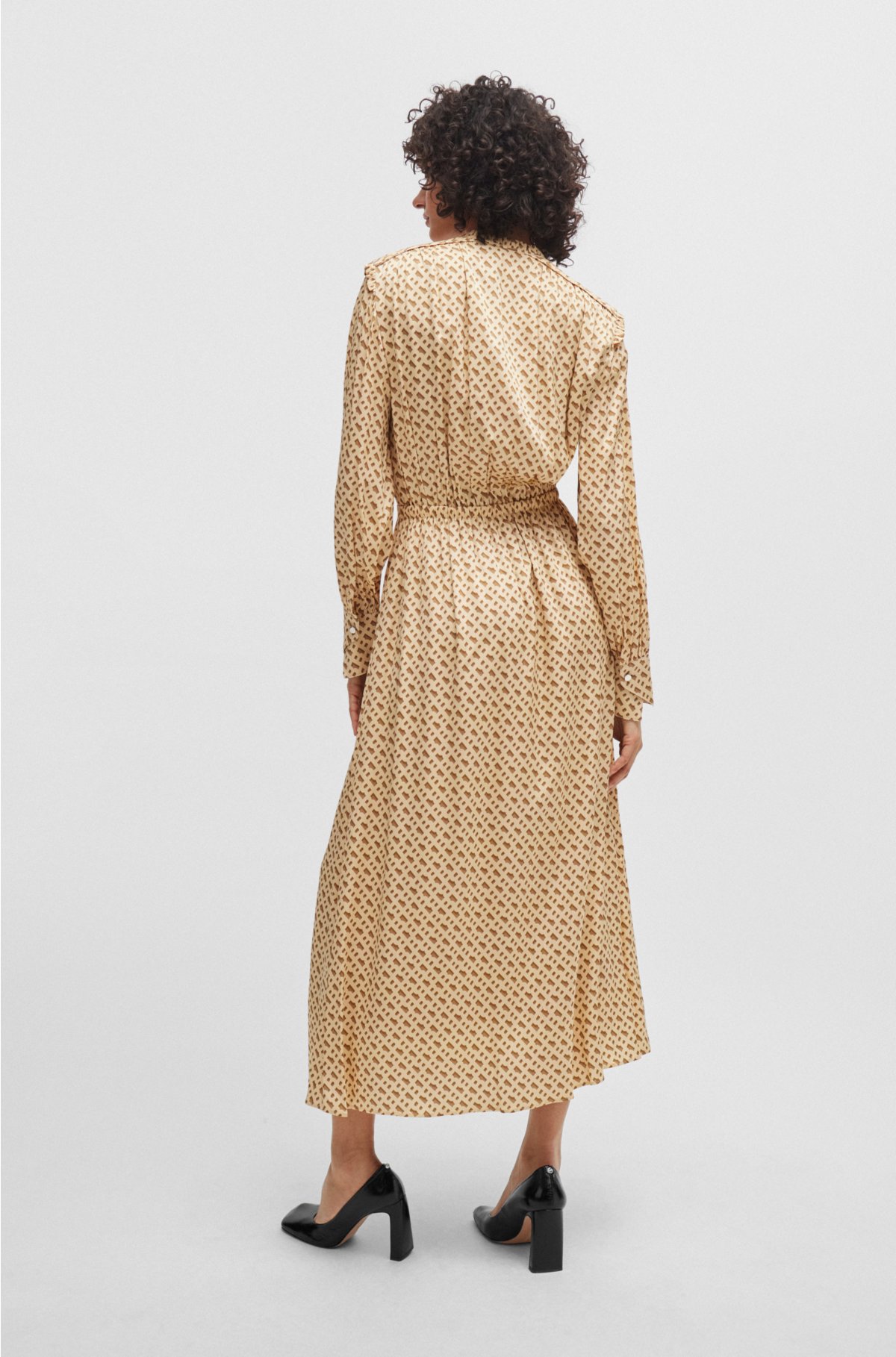 Silk-blend dress with monogram print, Beige Patterned