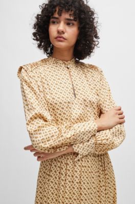 Silk-blend dress with monogram print, Beige Patterned