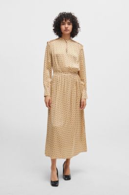 Silk-blend dress with monogram print, Beige Patterned