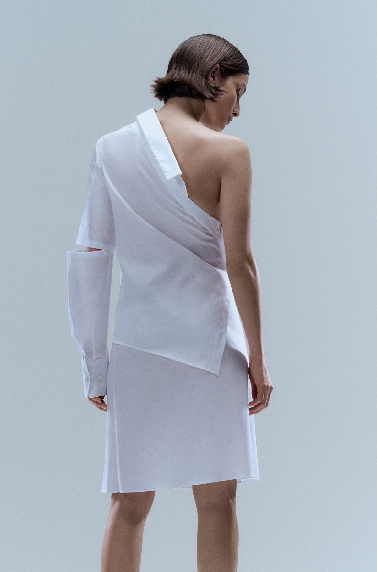 One-shoulder shirt dress in cotton poplin, White