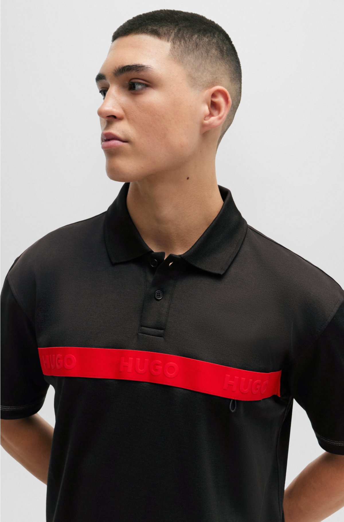 Cotton-blend polo shirt with red logo tape, Black
