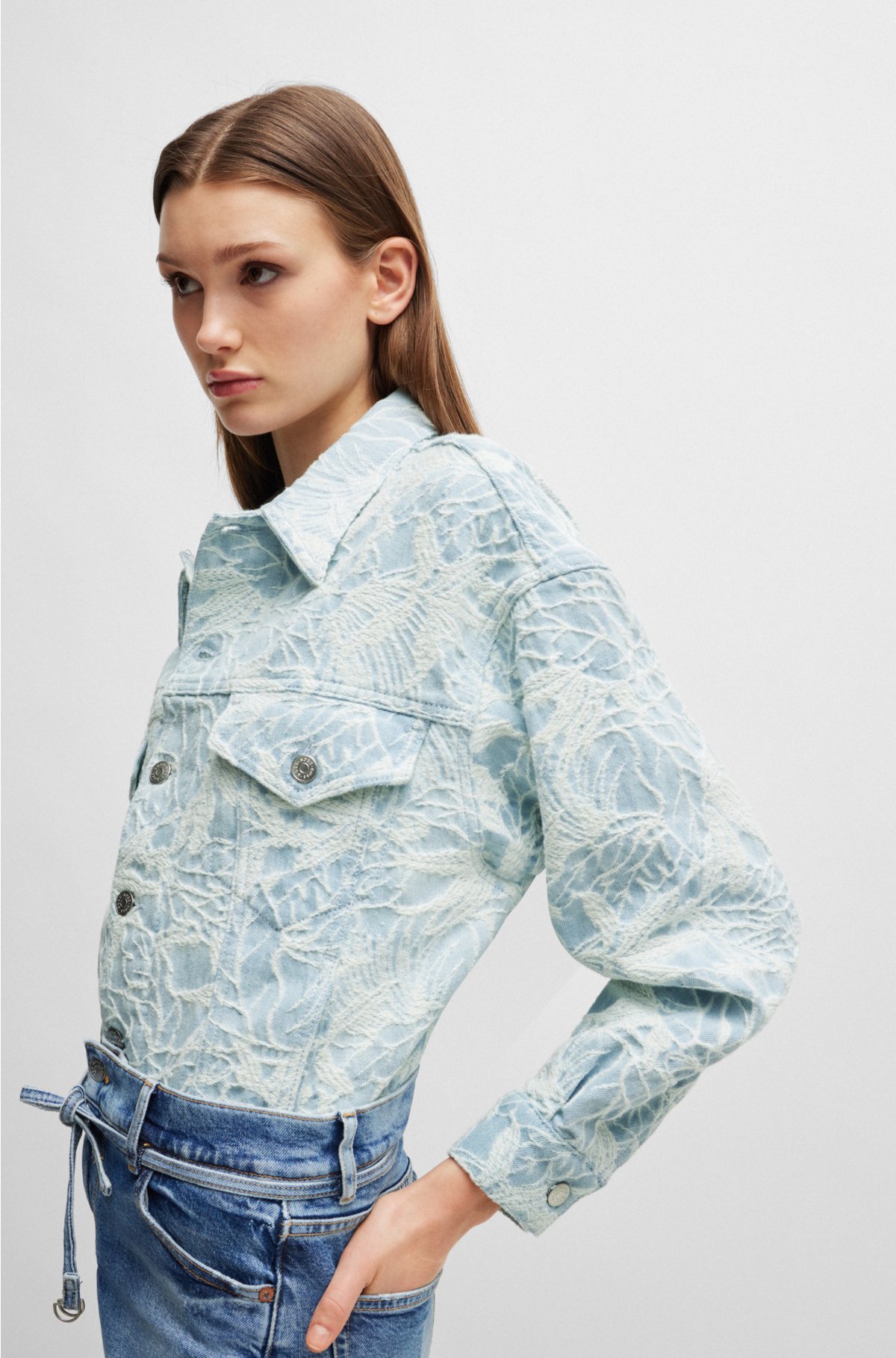 Cotton-denim jacket with embroidered pattern, Light Blue