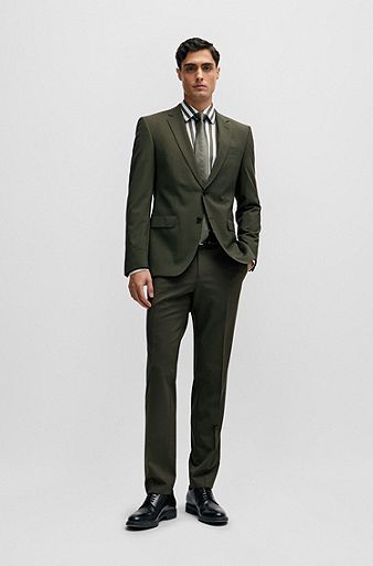 Slim-Fit Anzug aus knitterfreier Stretch-Wolle, Dunkelgrün