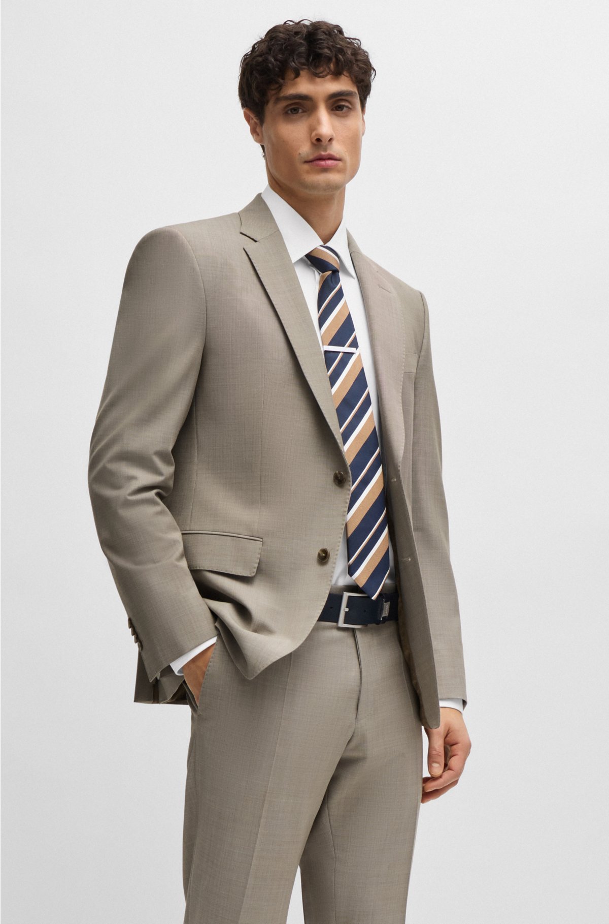 Slim-fit suit in micro-patterned stretch cloth, Beige