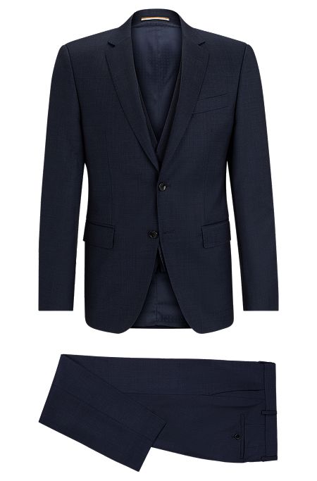 Three-piece slim-fit suit in patterned stretch wool, Dark Blue