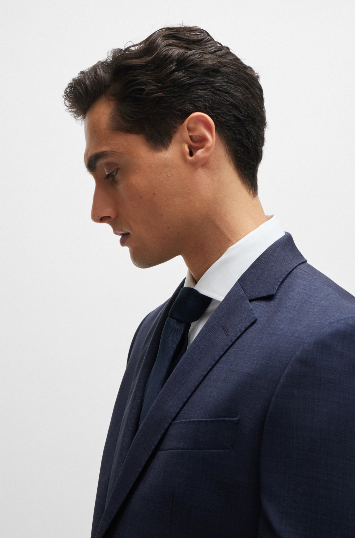 Three-piece slim-fit suit in patterned stretch wool, Dark Blue