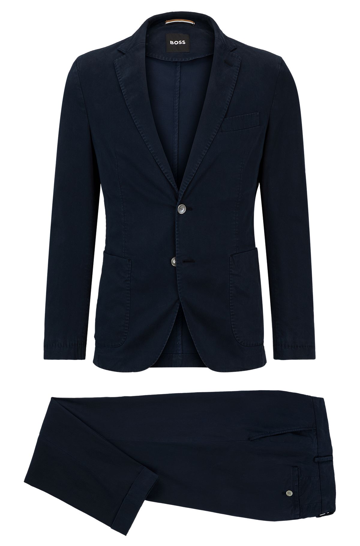 Slim-fit suit in stretch fabric with cotton, Dark Blue