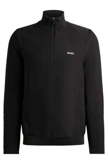 Zip-neck sweater in stretch fabric with contrast logo, Hugo boss