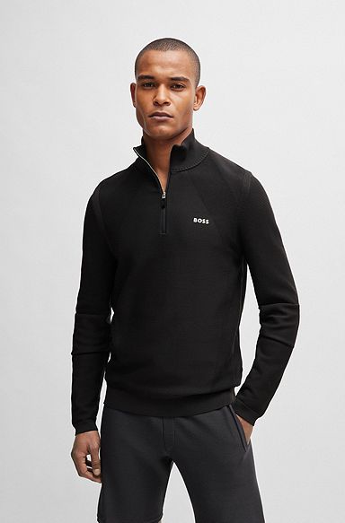 Pullover aus Stretch-Gewebe mit Troyerkragen und kontrastfarbenem Logo, Dunkelgrau