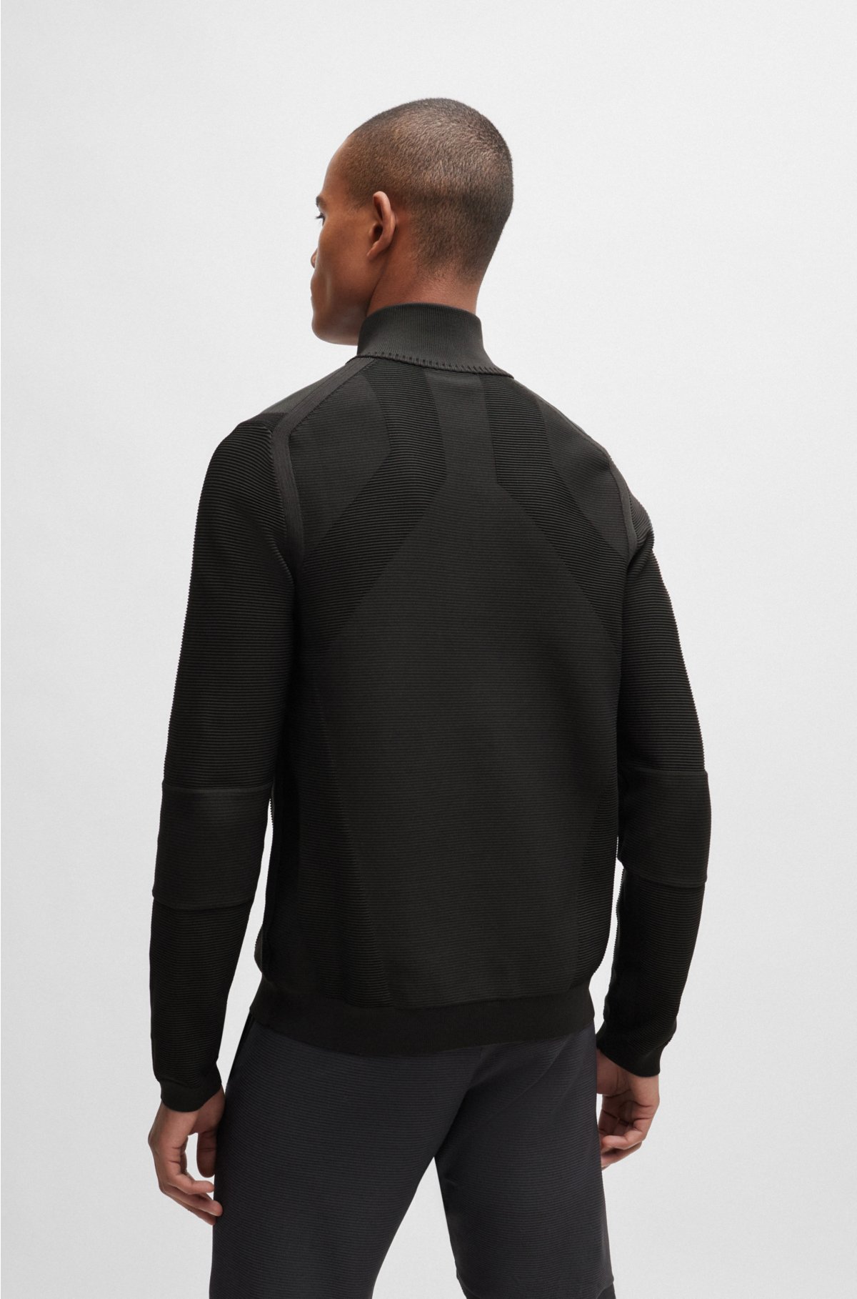 Zip-neck sweater in stretch fabric with contrast logo, Dark Grey