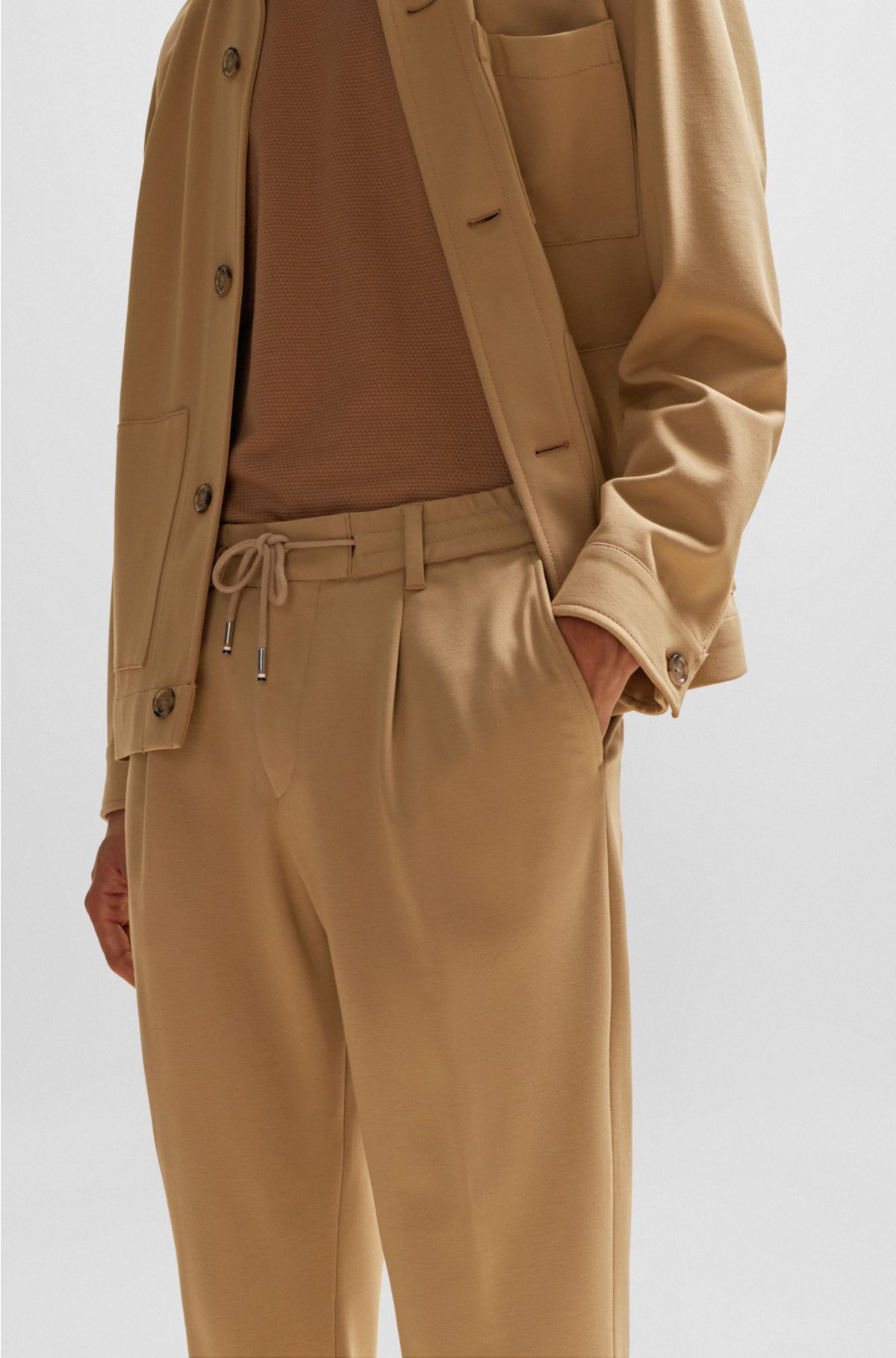 Relaxed-fit drawstring trousers in bi-stretch fabric, Beige