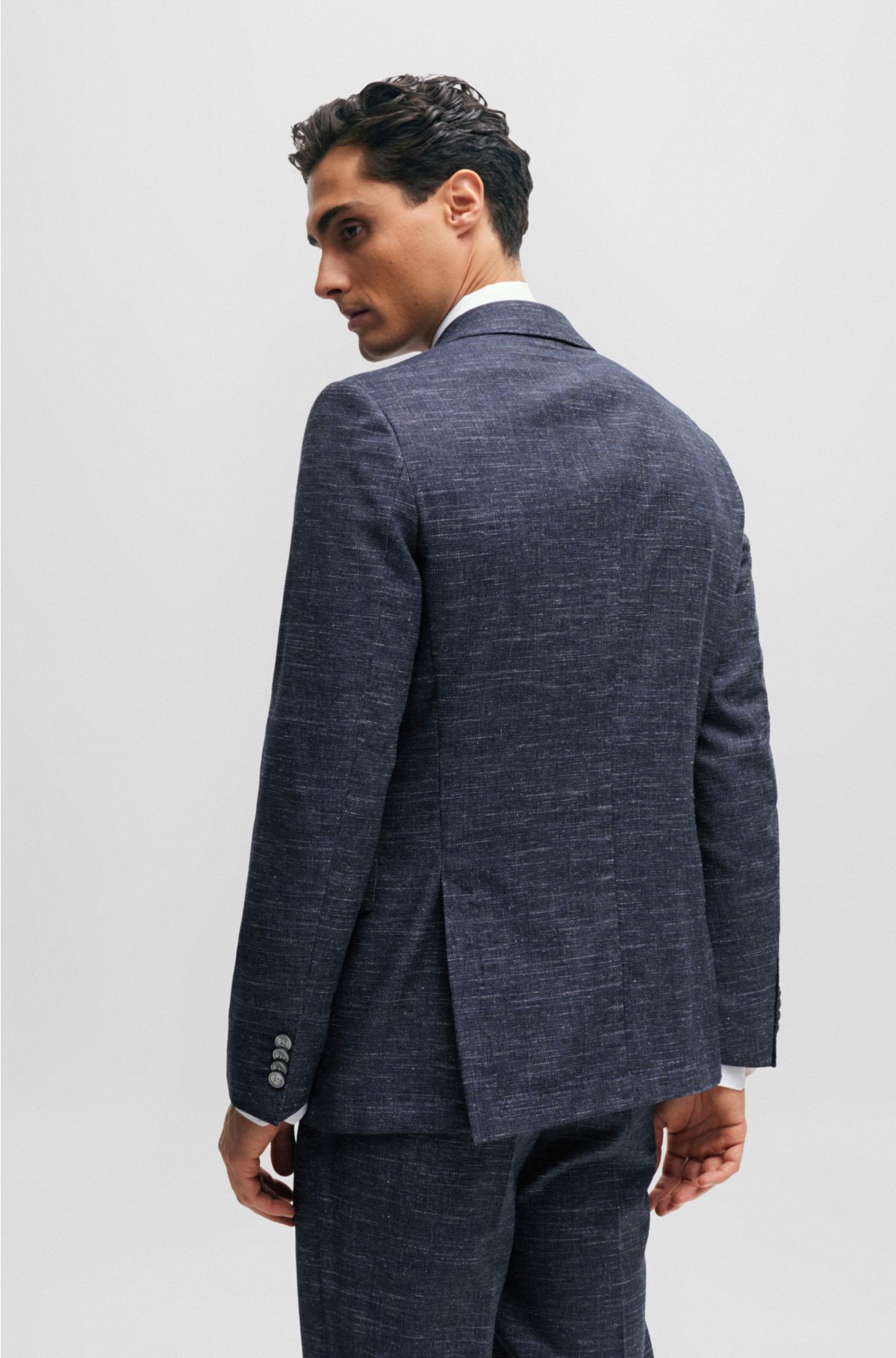 Slim-fit jacket in a patterned wool blend, Dark Blue