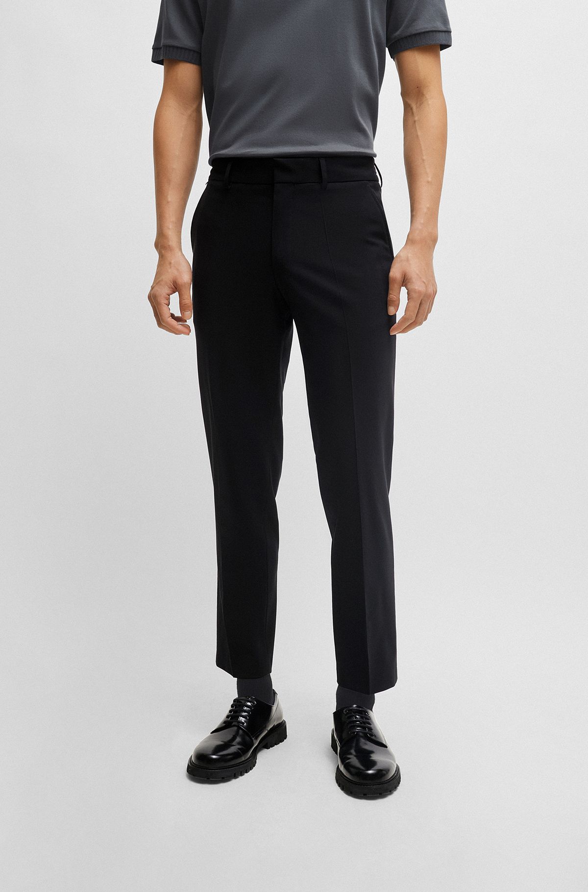 Pantalones slim fit de mezcla de lana elástica técnica, Negro
