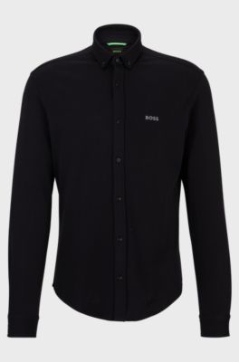Regular-fit shirt in knitted cotton piqu&eacute;, Black