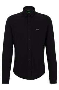 Regular-fit shirt in knitted cotton piqu&eacute;, Black