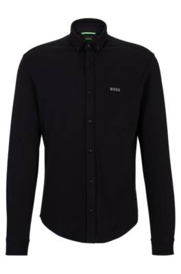 Hugo Boss Regular-fit Shirt In Knitted Cotton Piqué In Black