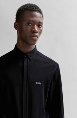 Regular-fit shirt in knitted cotton piqu&eacute;, Black
