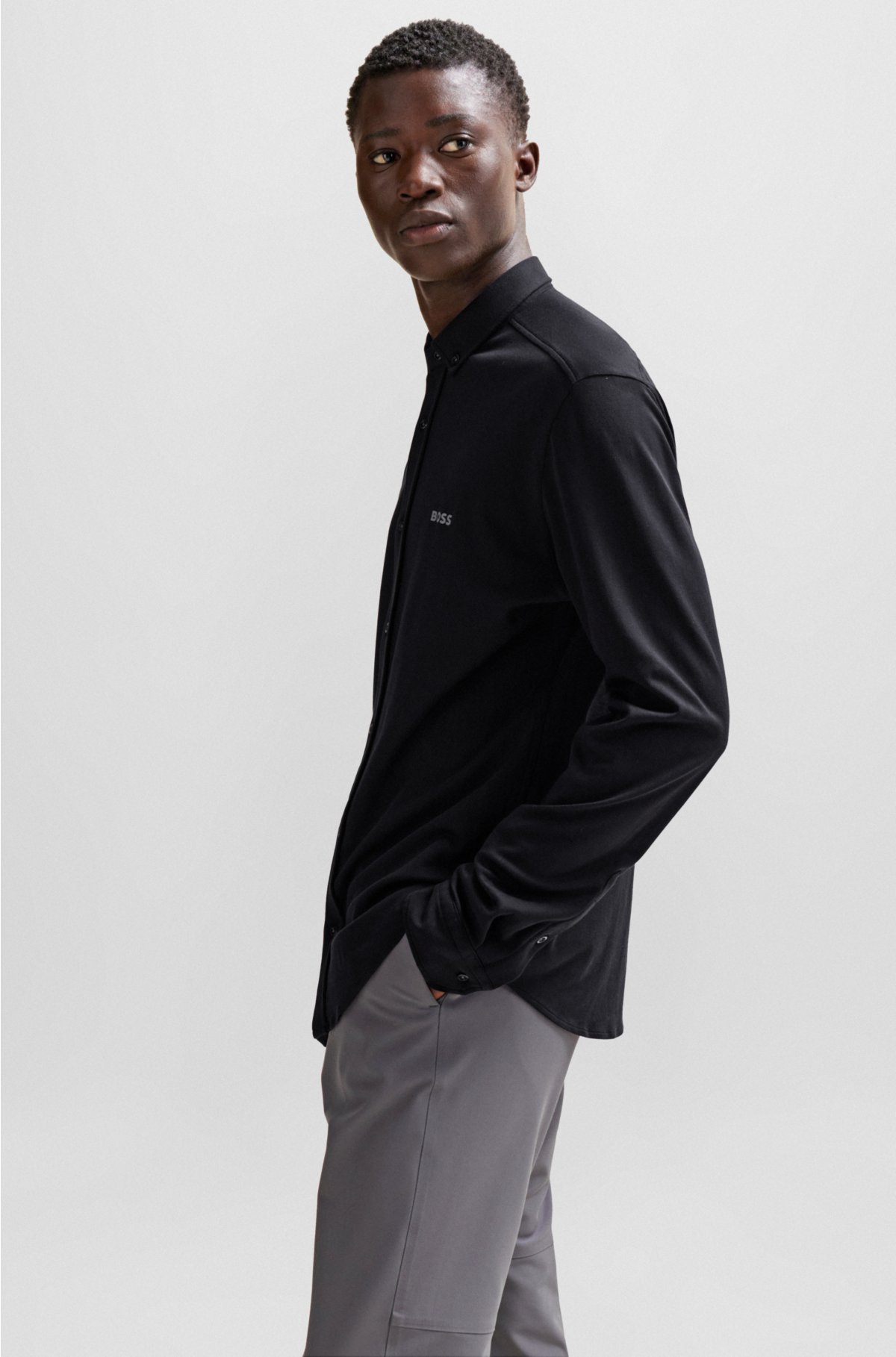 Regular-fit shirt in knitted cotton piqué, Black