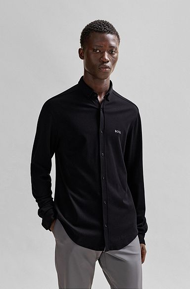 Regular-fit shirt in knitted cotton piqué, Black