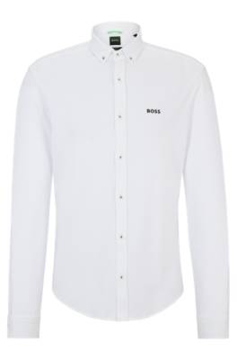 Hugo Boss Regular-fit Shirt In Knitted Cotton Piqué In White