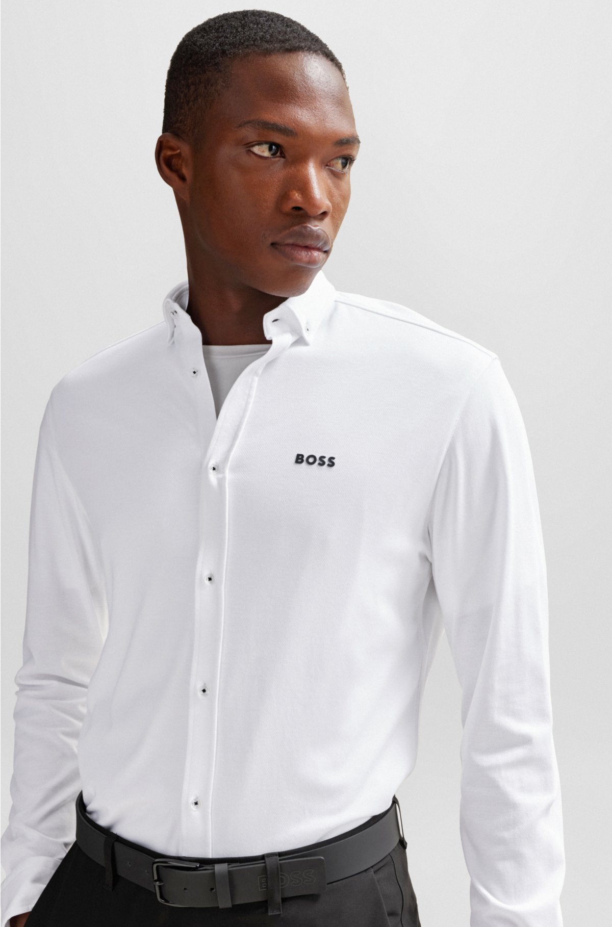 Regular-fit shirt in knitted cotton piqué, White