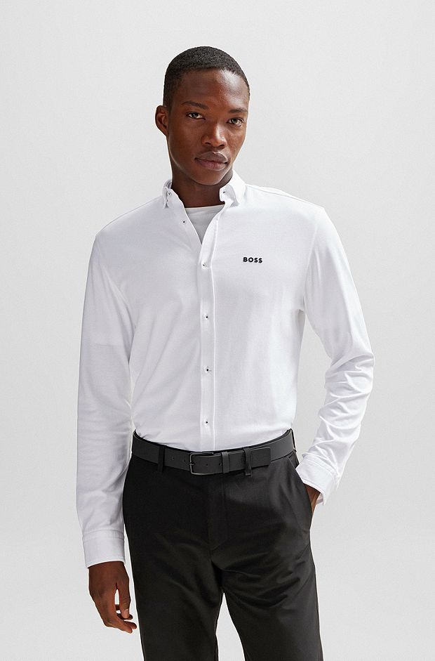Regular-fit overhemd van gebreide katoenpiqué, Wit