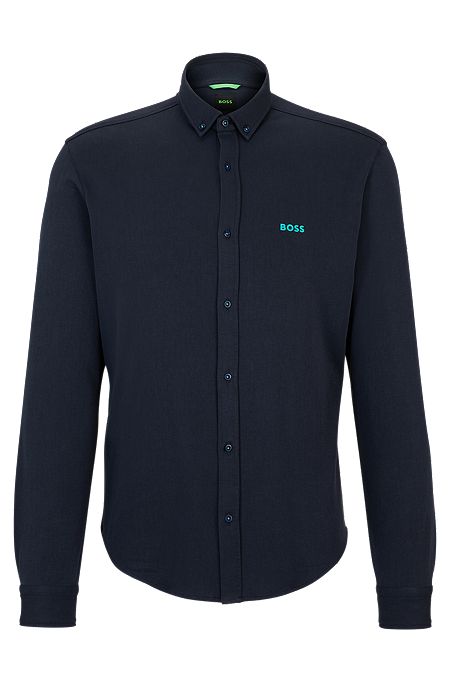 Regular-fit shirt in knitted cotton piqué, Dark Blue