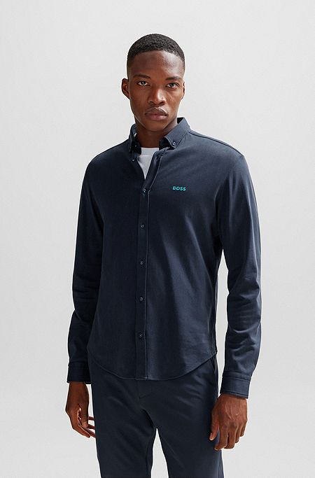 Camicia regular fit in piqué di cotone effetto maglia, Blu scuro