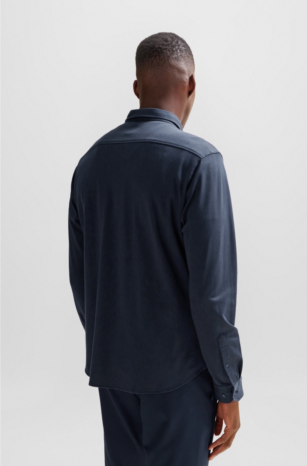 Regular-fit shirt in knitted cotton piqué, Dark Blue