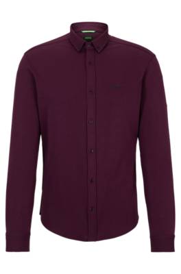 Hugo Boss Regular-fit Shirt In Knitted Cotton Piqué In Burgundy