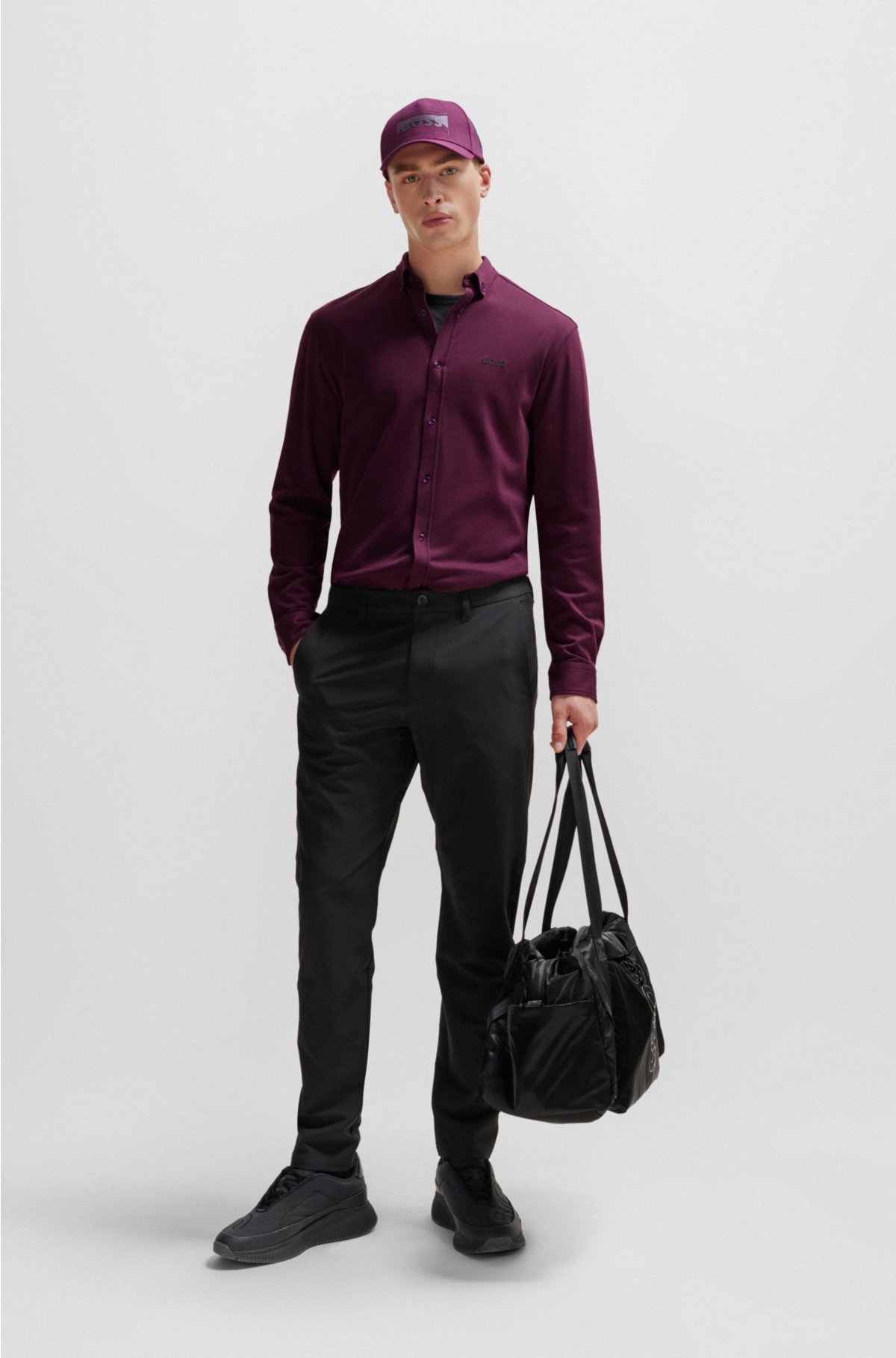 Regular-fit shirt in knitted cotton piqué, Dark Purple
