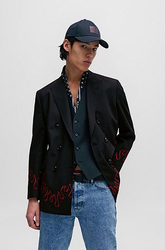 Modern-fit double-breasted jacket with flame embroidery, Black