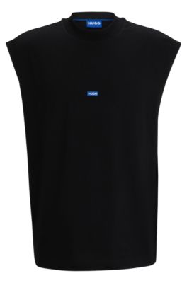 Sleeveless T-shirt in cotton jersey with logo patch, Black