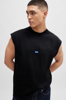 Sleeveless T-shirt in cotton jersey with logo patch, Black