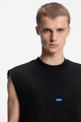 ノースリーブTシャツ コットン ロゴパッチ, ブラック
