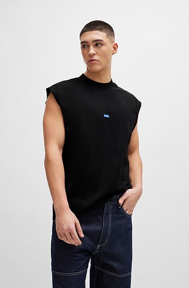 Sleeveless cotton-jersey T-shirt with blue logo label , Black