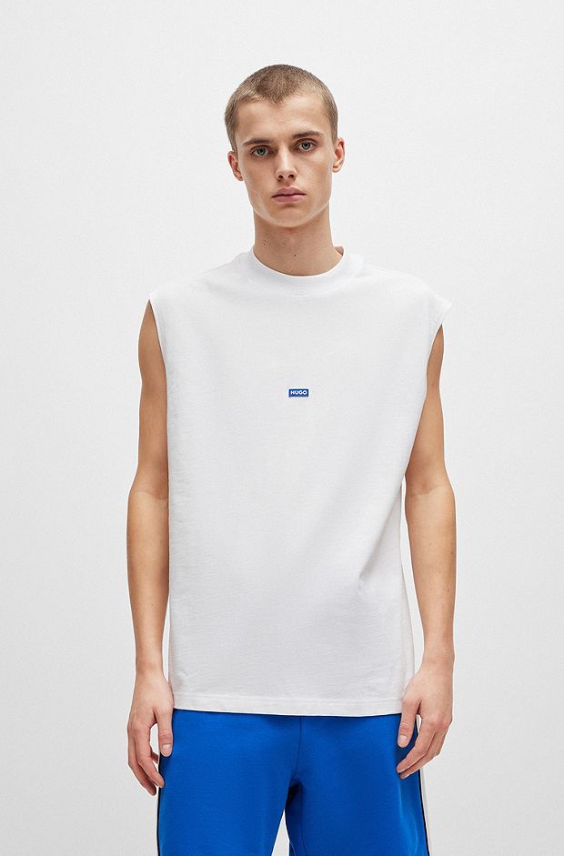 T-shirt sans manches en jersey de coton avec étiquette logo bleue , Blanc