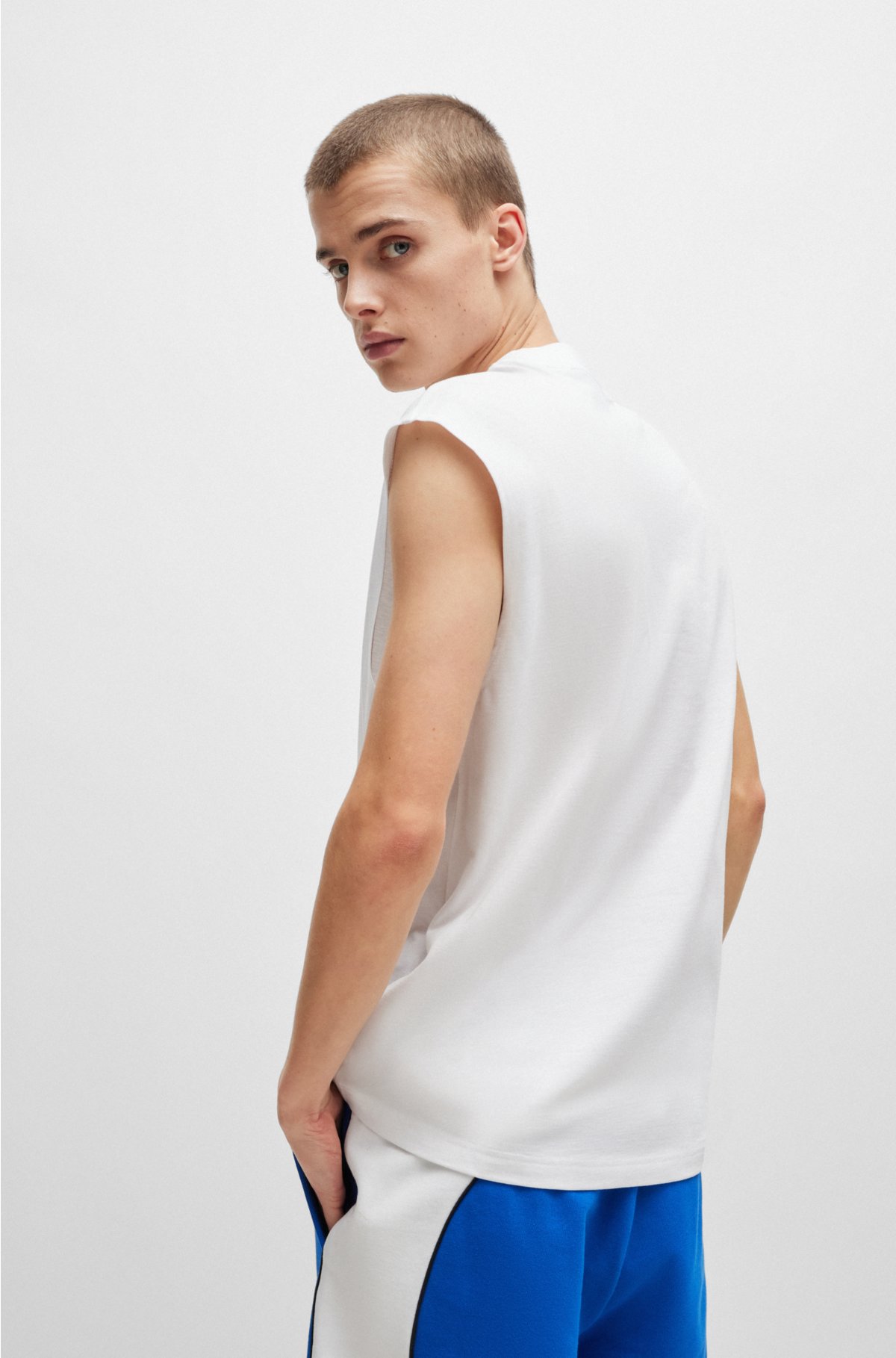 Sleeveless cotton-jersey T-shirt with blue logo label , White