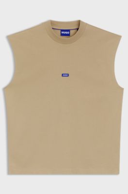 Sleeveless cotton T-shirt with logo patch, Beige