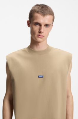 Sleeveless cotton T-shirt with logo patch, Beige