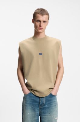 Sleeveless cotton T-shirt with logo patch, Beige