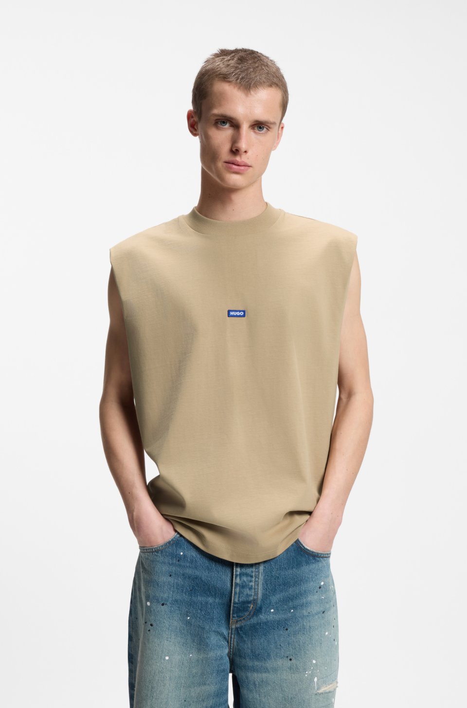 Sleeveless cotton T-shirt with logo patch