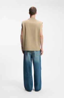 Sleeveless cotton T-shirt with logo patch, Beige
