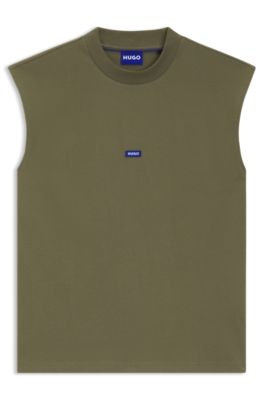 Sleeveless T-shirt in cotton jersey with logo patch, Olive