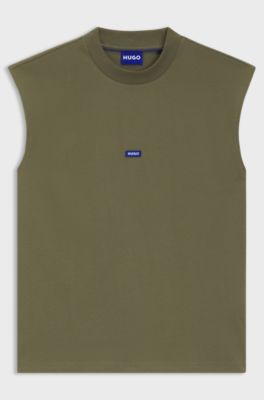 Sleeveless cotton T-shirt with logo patch, Olive