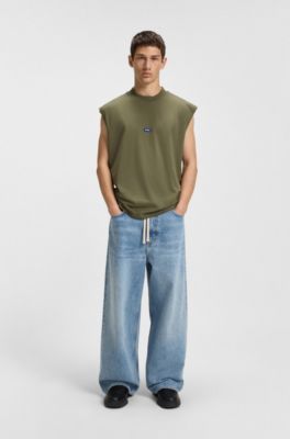Sleeveless T-shirt in cotton jersey with logo patch, Olive