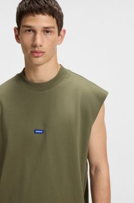 Camiseta sin mangas en punto de algod&oacute;n con parche de logo, Oliva