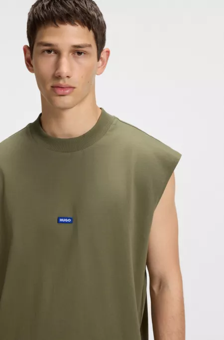 Sleeveless cotton-jersey T-shirt with blue logo label
